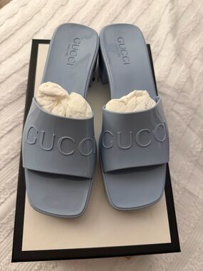 Gucci Glossy Pastel Blue Logo Slide Sandals